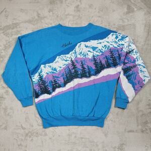 Vtg Lifestyles Sweatshirt 90s Alaska Winter Wonderland AOP Snow Trees Cabincore